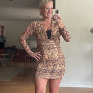 REVOLVE Snake Print Long Sleeve Mini Dress in Brown and Cream